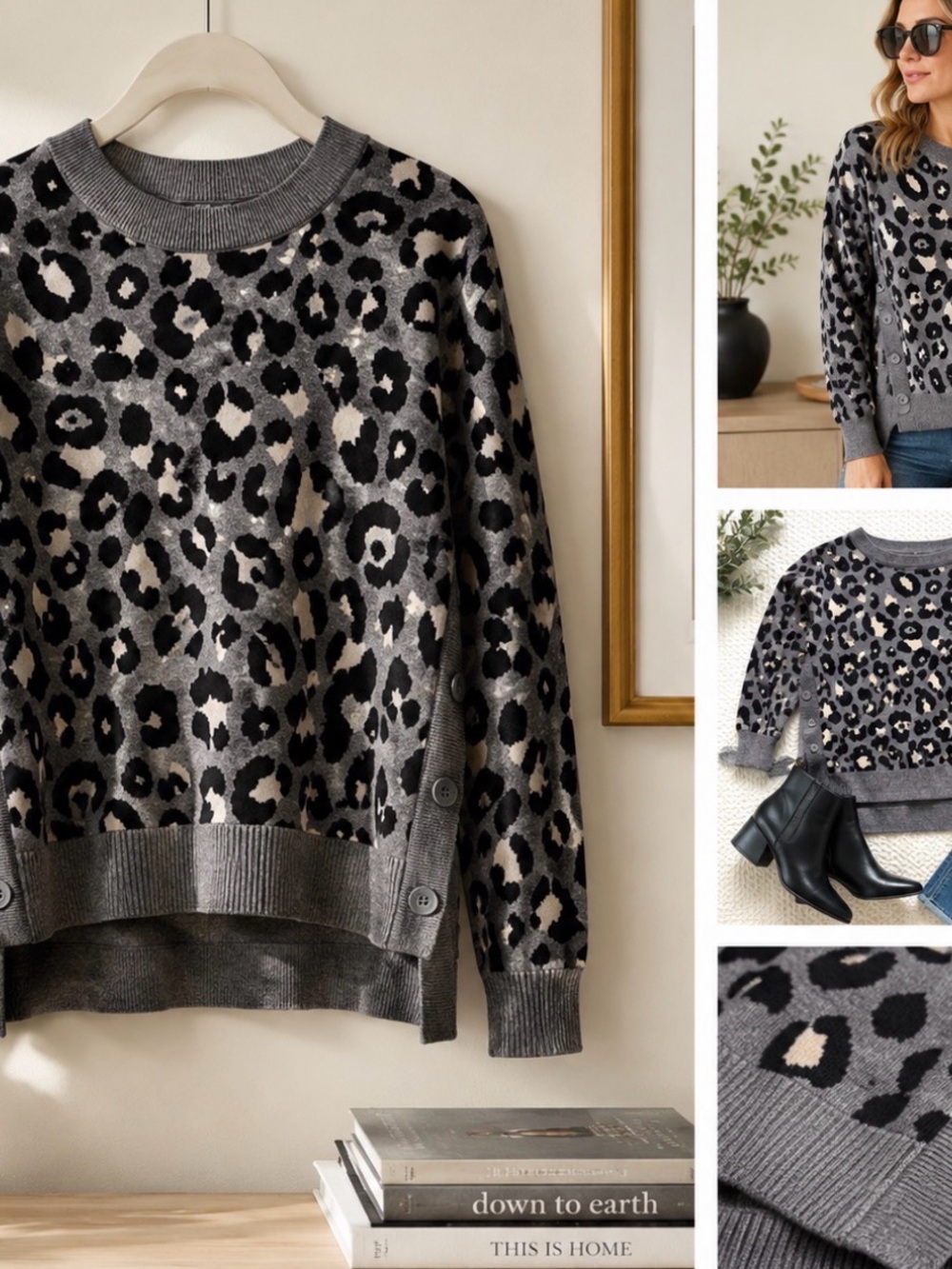 Stella & Dot Leopard Print Cotton Sweater Side Button Tunic Gray Black Size M